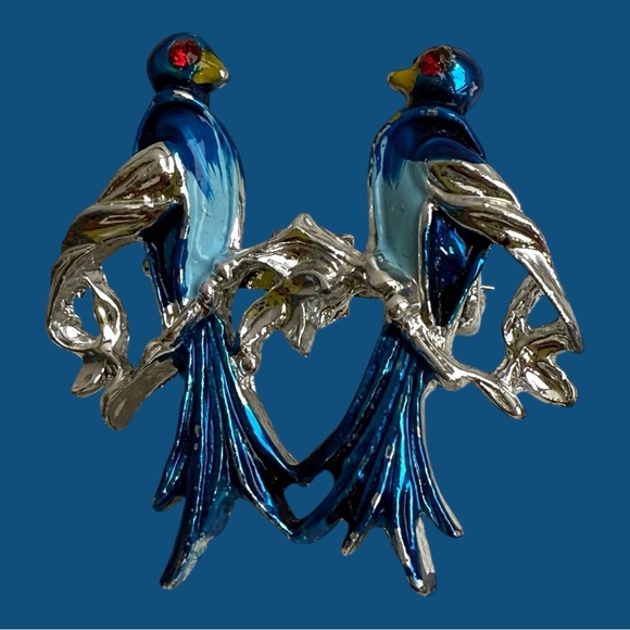 Jewelry - Vintage Blue Lovebirds Brooch Pin Silver Tone Enamel